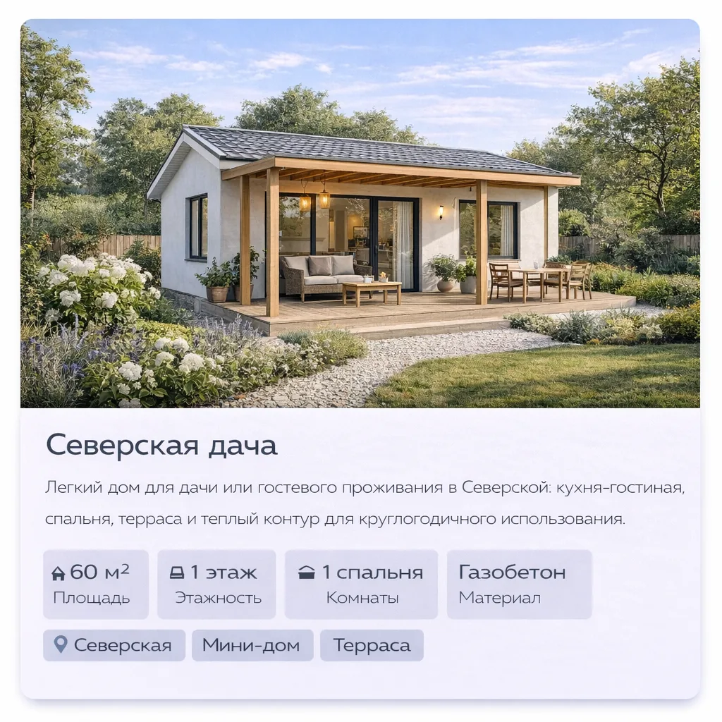 Проект дома «Северская дача» — Северская, 60 м², газобетон, терраса